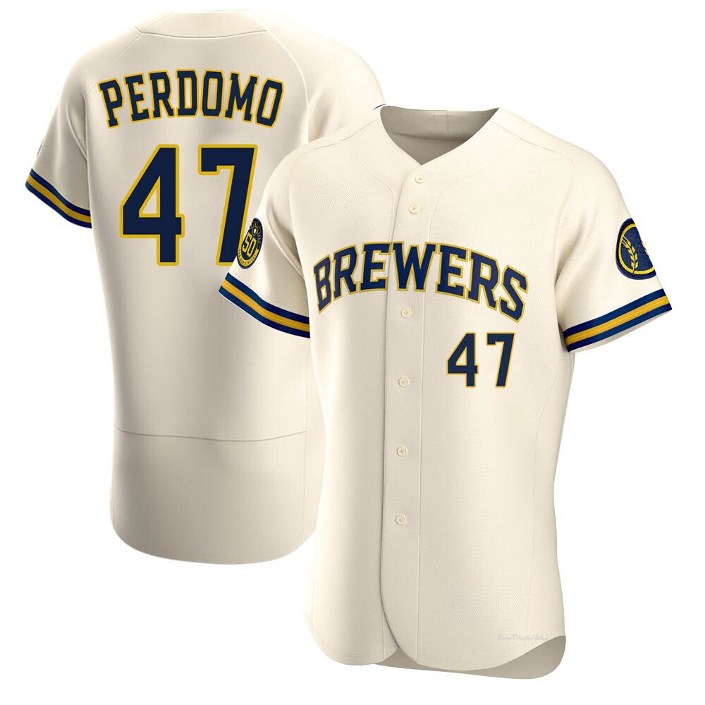 Men's Angel Perdomo Milwaukee Brewers Authentic Cream Home Jersey ...