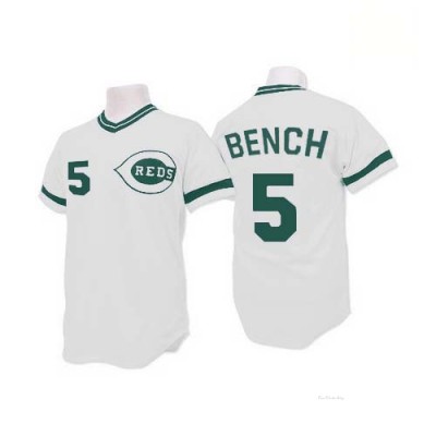 Men's Johnny Bench Cincinnati Reds Replica White (Green Patch) Throwback Jersey