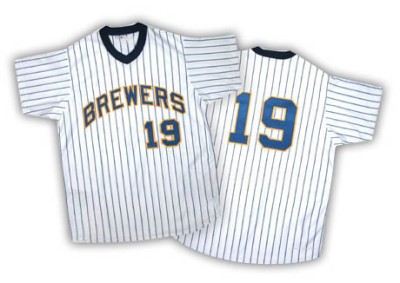 Men's Robin Yount Milwaukee Brewers Replica White/Blue Strip Throwback Jersey