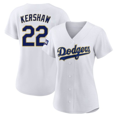 Women's Clayton Kershaw Los Angeles Dodgers Authentic White/Gold 2021 Gold Program Player Jersey