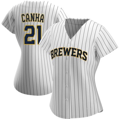 Women's Mark Canha Milwaukee Brewers Authentic White/Navy Alternate Jersey